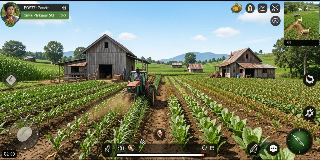 Tampilan gameplay EOS77 yang seru dan interaktif di bidang pertanian.