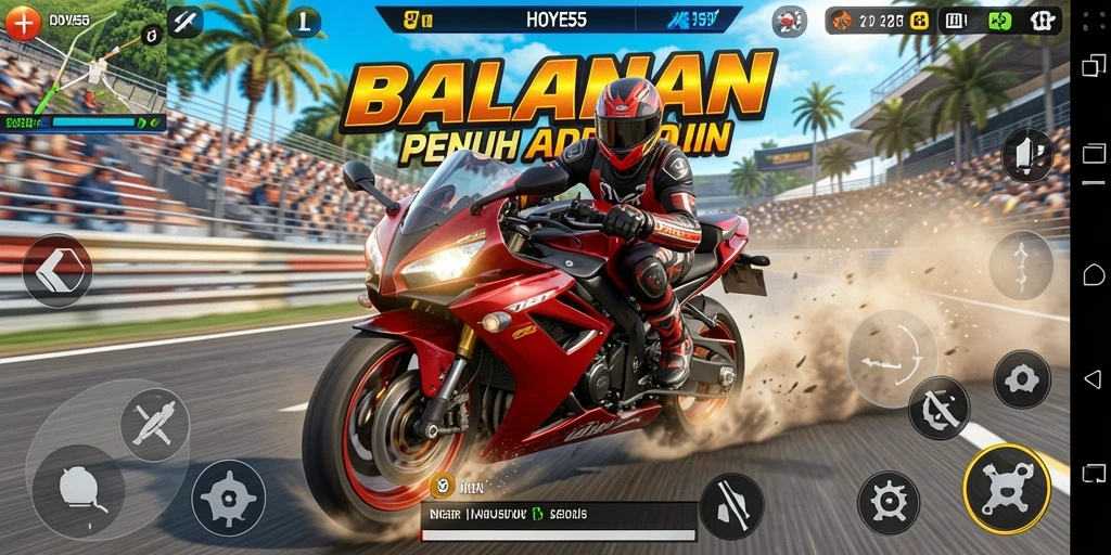 Gameplay mendebarkan HOYE55 dengan aksi balapan motor yang intens.