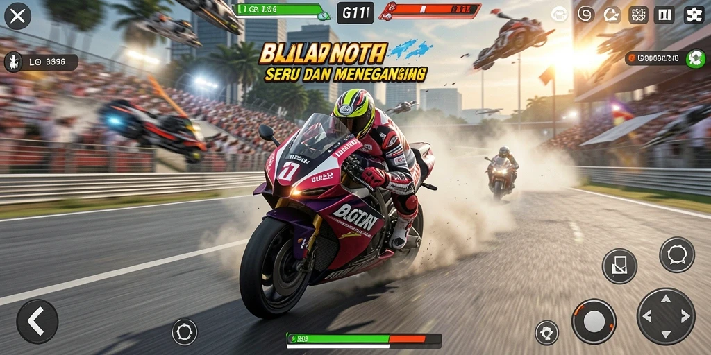 Screenshot utama LG111 menunjukkan balapan motor yang seru dan cepat.
